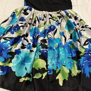 Floral Blue & Green Satin Skirted Dress
